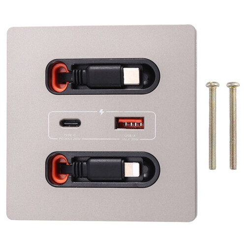 12w Universal Wall Panel Socket with Usb-A Usb-C Retractable Charging Cable, Mobile Phone Tablet Charging Type C Outlet