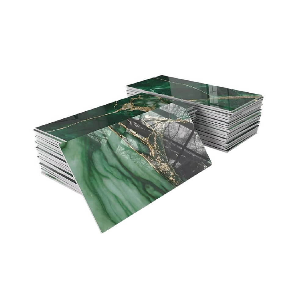 32Pcs Thick Pet Glossy Subway Tile Sticker,4In X 8In Peel And Stick Backsplash Wall Tiles,Golden Veined Emerald Marble 6033417918778