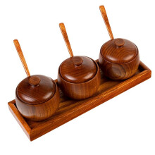 Wooden Spice Jar Set with Tray, Set of 3 Condiment Jar Canisters Pots Spice Container with Lids & Spoons Seasoning Box