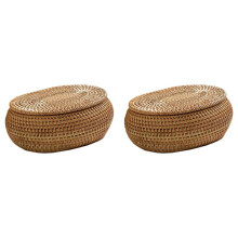 2X Rattan Box Storage Baskets with Lid, Rattan Basket, Handwoven Round Woven Basket, Desktop Decorative Box for Home