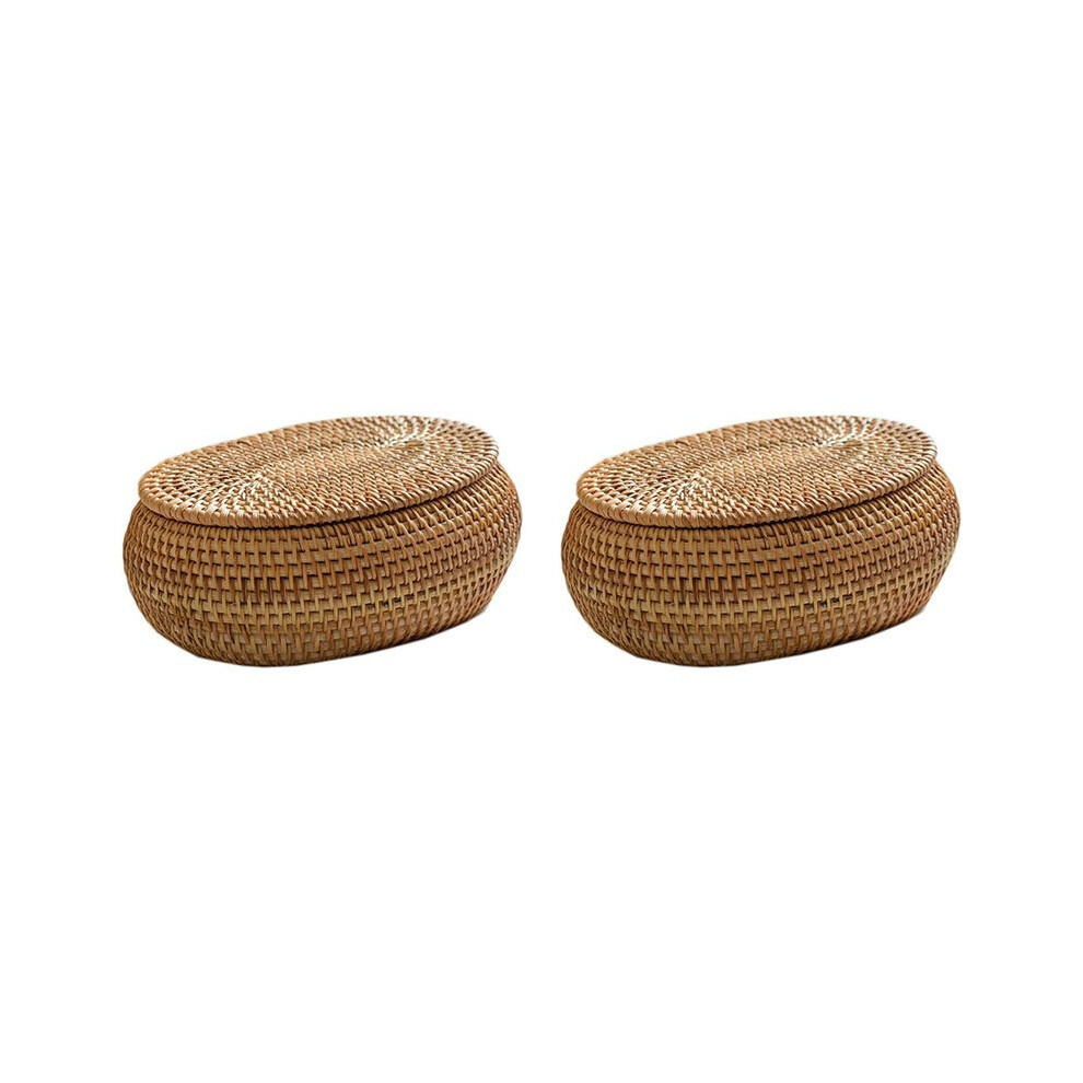 Semoic 2X Rattan Box Storage Baskets With Lid, Rattan Basket, Handwoven Round Woven Basket, Desktop Decorative Box For Home
