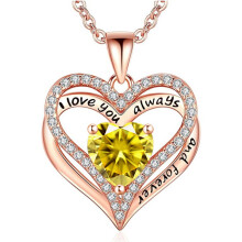 (November【Yellow Diamond】, White gold) Women's New Eternal Heart S925 Silver Double Layer Necklace, 12 Birthstone Pendant