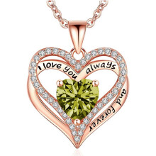 (August【Light Green Diamond】, Rose gold) Women's New Eternal Heart S925 Silver Double Layer Necklace, 12 Birthstone Pendant