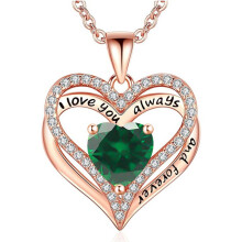 (May【Green Diamond】, Rose gold) Women's New Eternal Heart S925 Silver Double Layer Necklace, 12 Birthstone Pendant