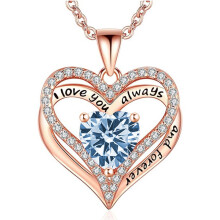 (March【Light Blue Diamond】, Rose gold) Women's New Eternal Heart S925 Silver Double Layer Necklace, 12 Birthstone Pendant