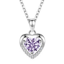 (【June】Light Purple Diamond, White gold) Classic Elegant Women's New 925 Sterling Silver Ocean Heart Necklace, 12 Birthstone Pendant Choker