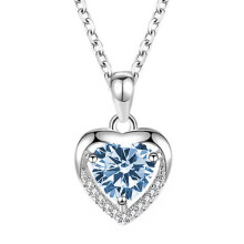 (【March】Light Blue Diamond, White gold) Classic Elegant Women's New 925 Sterling Silver Ocean Heart Necklace, 12 Birthstone Pendant Choker
