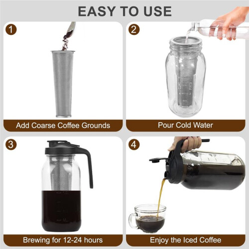 Cold Brew Coffee Maker Pitcher,64oz Iced Coffee Tea Pitcher for Fridge with Filter, Cold Brew Maker with Pour Spout Lid 2