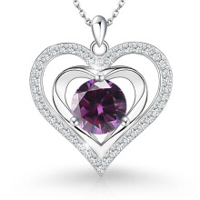 ([February] Purple Diamond, White Gold) KOUYI Women's New S925 Sterling Silver Heart Necklace, 12 Birthstone Pendant Choker