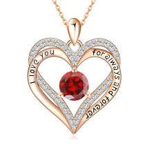 (【January】 Red Diamond, Gold color) Women's New S925 Silver Double Layer Eternal Heart 12 Birthstone CZ Heart Necklace