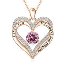 (【October】 Pink Diamond, Rose gold) Women's New S925 Silver Double Layer Eternal Heart 12 Birthstone CZ Heart Necklace