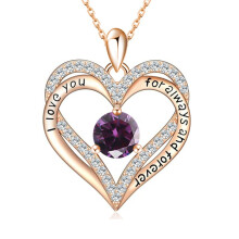 (【February】Purple Diamond, Gold color) Women's New S925 Silver Double Layer Eternal Heart 12 Birthstone CZ Heart Necklace