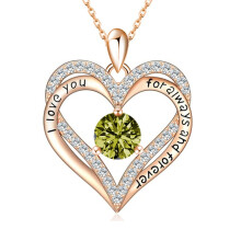 (【August】Light Green Diamond, White gold) Women's New S925 Silver Double Layer Eternal Heart 12 Birthstone CZ Heart Necklace