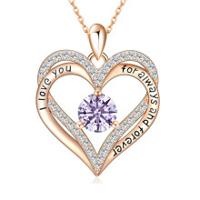 (【June】Light Purple Diamond, White gold) Women's New S925 Silver Double Layer Eternal Heart 12 Birthstone CZ Heart Necklace