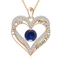 (【September】 Deep Blue Diamond, Gold color) Women's New S925 Silver Double Layer Eternal Heart 12 Birthstone CZ Heart Necklace