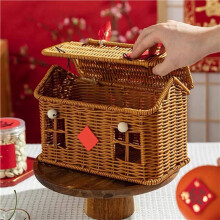 4X Imitation Rattan House Shaped Basket with Lid, Decorative Hand Woven Shelf Organizer with Folding Handle