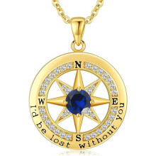(【September】 Deep Blue Diamond, White gold) Women's New S925 Sterling Silver Compass Necklace, 12 Birthstone Pendant Choker