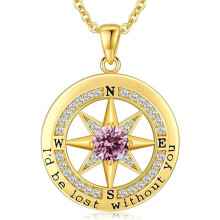 (【October】 Pink Diamond, Gold color) Women's New S925 Sterling Silver Compass Necklace, 12 Birthstone Pendant Choker
