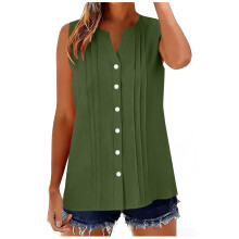 Women's Sleeveless Button-Down Blouse V-Neck Pleated Front