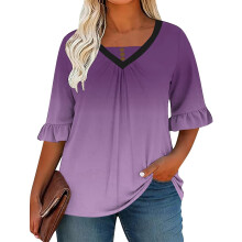 Purple Ombre Tunic Top for Women, V-Neck Ruffle Sleeve,