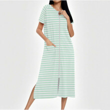 Accappatoi da donna con cerniera frontale, maniche corte, vestaglia da casa, camicia da notte lunga con tasche, abbigliamento morbido per il relax.