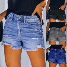 Simua dameshorts med avslappet sommermønster, elastiske, revnede jeanshorts med lommer og mellomhøy midje