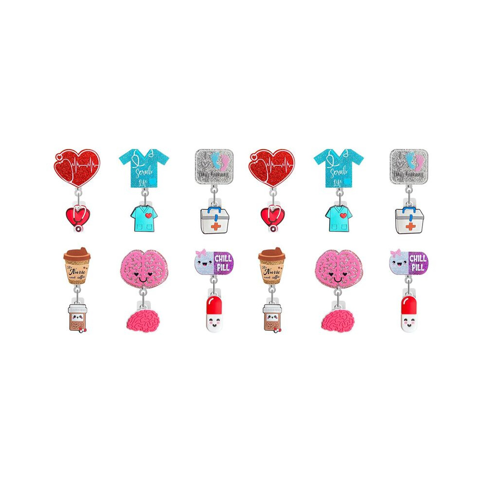 Cute Nurse Badge Reel, 12Pcs Funny Nursing Id Card Glitter Badge Holder Retractable Clip Nurse Name Tag Holder 6033963361097