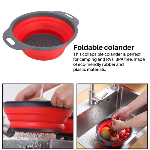 Red Collapsible Kitchen Colander Silicone Strainer Dishwasher Safe Approved 1