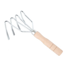 Four Teeth Garden Hand Rake with Ergonomic Wooden Handle, Durable Steel Gardening Tool for Soil Loosening and Lawn Care