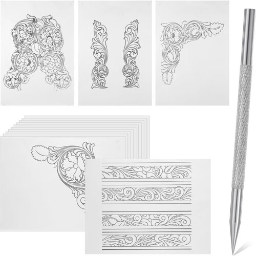 Leather Scriber Pen, Pointy Picker Pen with Carving Pattern Description Paper for Carving, Description,Wallet Making
