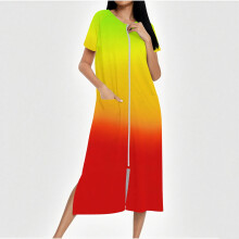 Robes for Women Zipper Front Bathrobe Short Sleeve House Coat Long Nightgown With Pockets Soft Loungewear