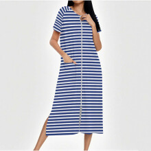 Robes for Women Zipper Front Bathrobe Short Sleeve House Coat Long Nightgown With Pockets Soft Loungewear