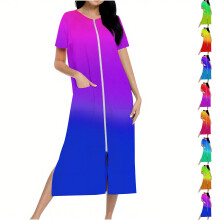 Accappatoi da donna con cerniera frontale, maniche corte, vestaglia da casa, camicia da notte lunga con tasche, abbigliamento morbido per il relax.