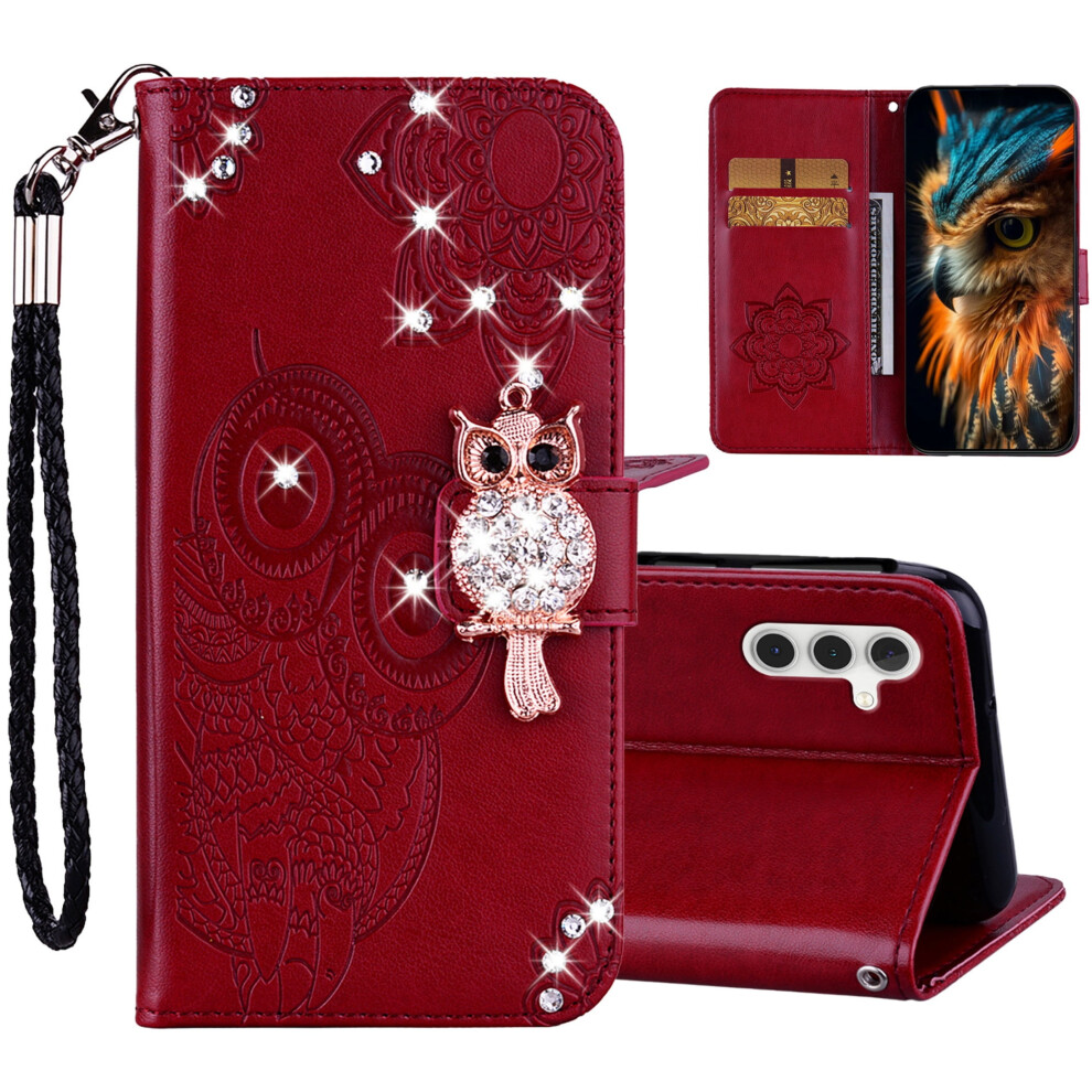 Cute Owl Glitter Pu Leather Flip Case With Card Slot & Wrist Strap, Compatible With Samsung Galaxy S24/S25 Â Crystal Red 9365509718957