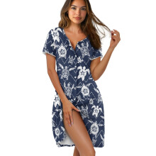 Women's Short Sleeve Button-Down Nightgown, Above-Knee Sleep Dress, Sea Turtle Dark Navy Blue, 2XL, Compatible with Home & Bedtime Wear