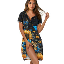 Women's Button-Front Short Sleeve Nightgown, Lightweight Soft Sleepwear, Mid-Thigh House Dress, L, Sunflower/Butterfly/Star Black
