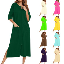 Accappatoi da donna con cerniera frontale, maniche corte, vestaglia da casa, camicia da notte lunga con tasche, abbigliamento morbido per il relax.