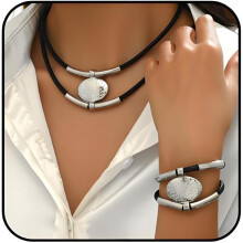 Boho Vintage Jewelry Set: Pendant Necklace, Adjustable Anti-Oxidation Bracelet & Hypoallergenic Stud Earrings (Compatible with Sensitive Skin)