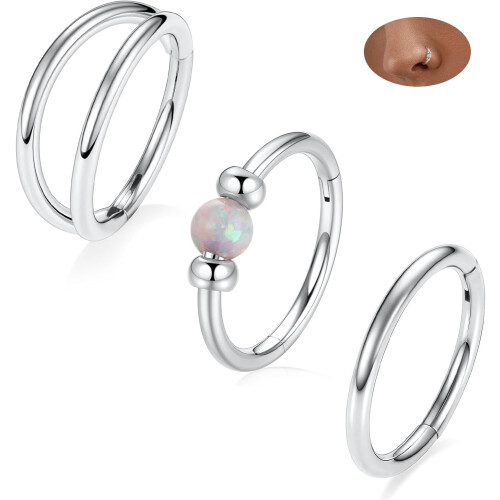 Δαχτυλίδια Opal για τη μύτη 18G/20G, χειρουργικό ατσάλι 316L, 3 τεμάχια: Μύτη, Διάφραγμα,
