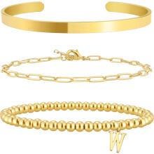 Women's 14K Gold Plated Stacked Initial Bracelet (A-Z), Paperclip Cuff Charm Bracelet – Compatible with Gifting