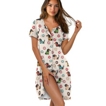 Short Sleeve Button-Down Nightgown for Women, Soft Lightweight Sleepshirt with Round Neck & Dachshund Donut Print – XS, Compatible with All Seasons
