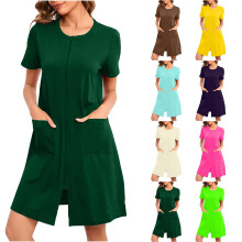Robes for Women Zipper Front Bathrobe Short Sleeve House Coat Long Nightgown With Pockets Soft Loungewear