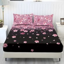 Queen Size Fitted Sheet Set (1 fitted sheet + 2 pillowcases), soft stretchy pink floral & black bedding, elastic edge, compatible with standard queen