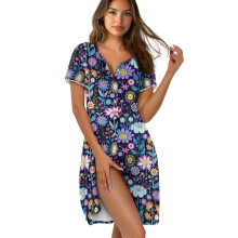 Women's Short Sleeve Nightgown – Above Knee Sleepshirt with Button Closure, Hippie Lotus Blue, XS, Compatible with Home & Casual Wear
