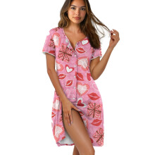 Women's Short Sleeve Sleepshirt, Button-Down Nightgown, Lightweight Comfortable Sleepwear & Housecoat – Love Heart Lip Print, XS, Valentine’s Day