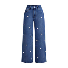 Women's Bow Embroidered Baggy Jeans Comfortable Casual Elastic Wide Leg Denim Trousers with Pockets