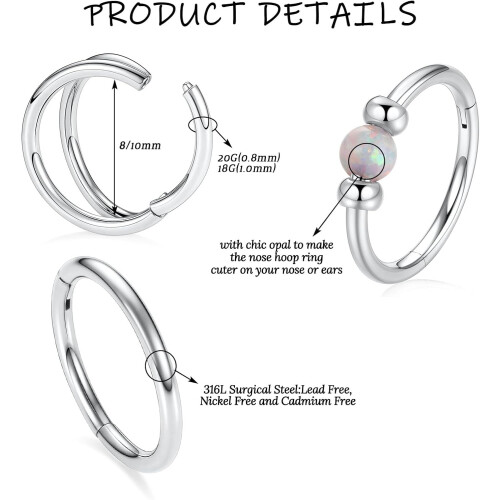 Δαχτυλίδια Opal για τη μύτη 18G/20G, χειρουργικό ατσάλι 316L, 3 τεμάχια: Μύτη, Διάφραγμα, 1