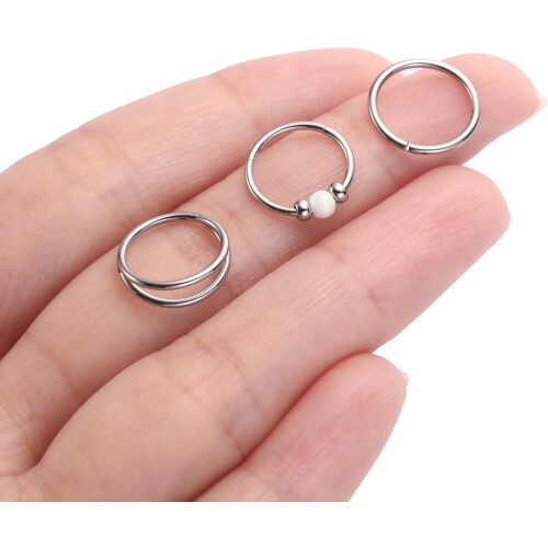 Δαχτυλίδια Opal για τη μύτη 18G/20G, χειρουργικό ατσάλι 316L, 3 τεμάχια: Μύτη, Διάφραγμα, 2