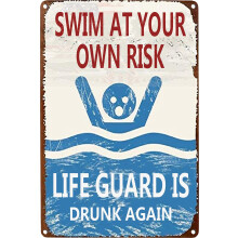 Metal Pool Sign Swim at Your Own Risk Vintage Tin Wall Decor for Bar Cafe Retro Poster Art 11.81x7.87in