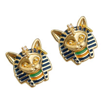 Ägyptische Pharao-Katzen-Kopf-Emaille-Kunst-Ohrringe, vergoldete